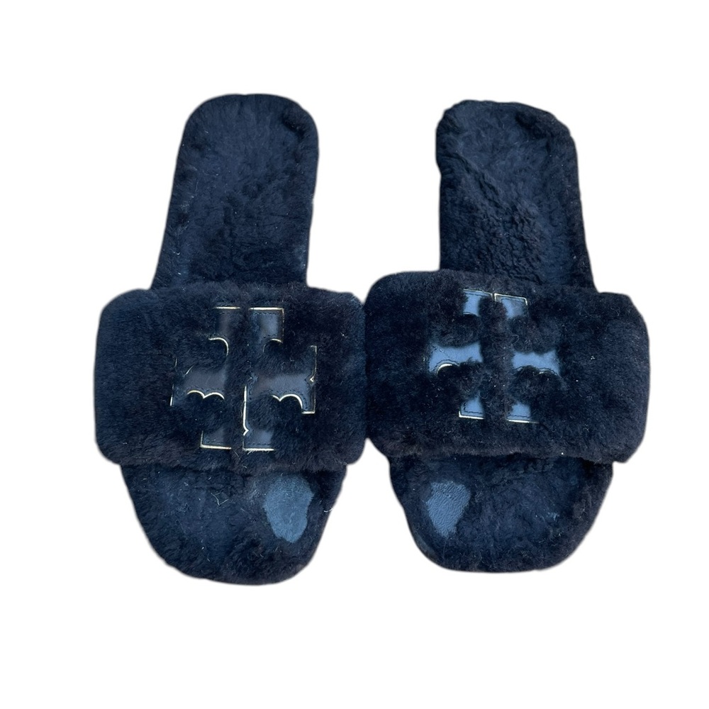 Tory Burch Double T Genuine Shearling Slide Black